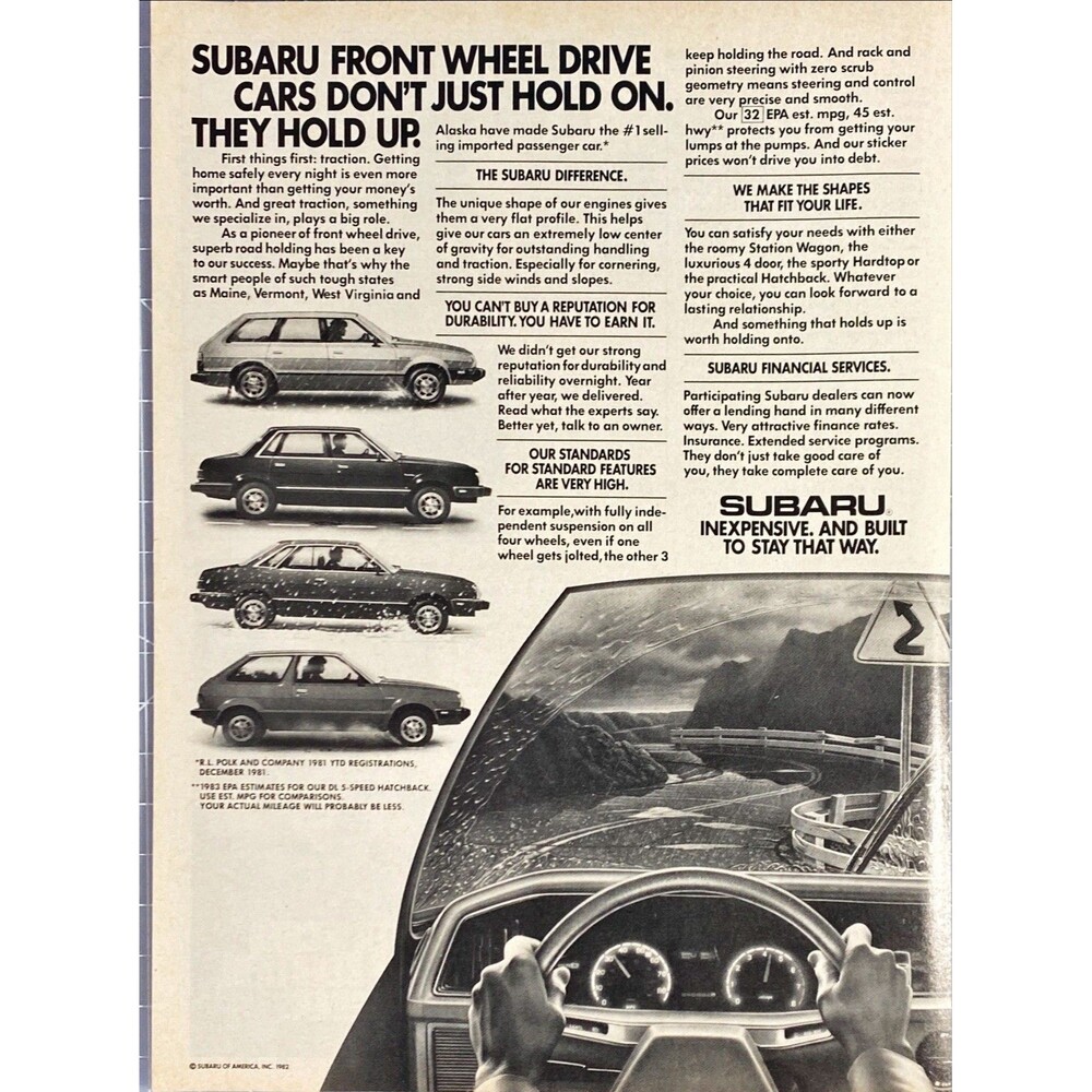 Subaru Front Wheel Drive Cars "Don't Just Hold On-They Hold Up"Vtg Print Ad 1983